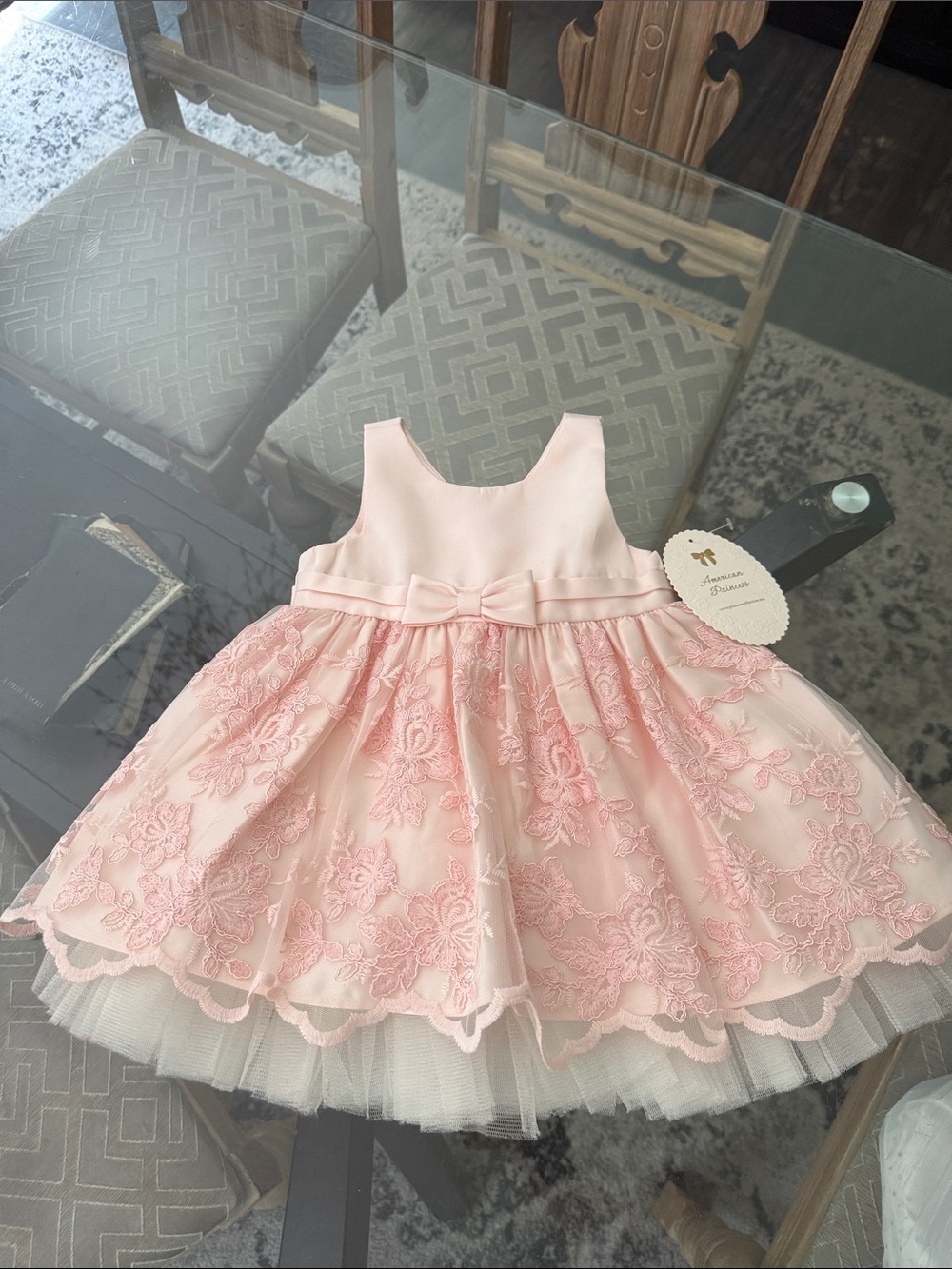 American Princess Light Pink Floral Lace Bow Party Dress for Girls